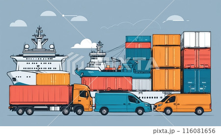 Illustrative presentation of different types of global goods traffic, types of global transportation Illustrative presentation of different types of global goods traffic, types of global transportation 116081656