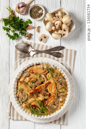 chicken stroganoff in a baking dish, top view 116081734