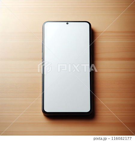 A mockup of smartphone with a blank screen lies on a wooden table. Minimalistic stylish design for your projects, copy space 116082177