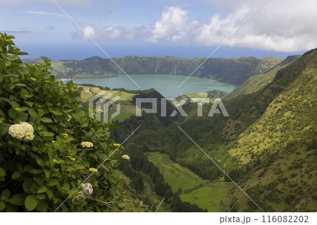 A beautiful mountain landscape with a lake in the background 116082202