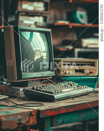 A classic computer system stands amidst a backdrop of vintage electronics, capturing the essence of early technological innovation in a rustic setting. 116082250