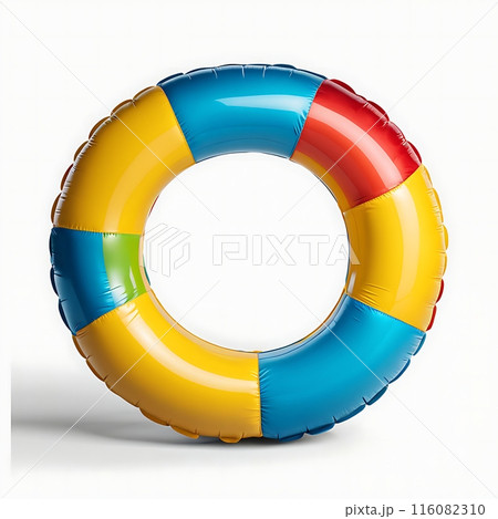 A brightly colored inflatable swim ring floating in water, isolated on a white background. Ideal for enjoying lively summer days and beach outings A brightly colored inflatable swim ring floating in water, isolated on a white background. Ideal for enjoying lively summer days and beach outings 116082310