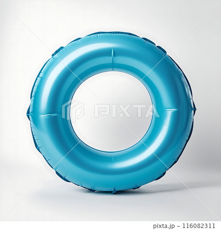 Blue inflatable swimming ring in water, isolated on white background. Perfect accessory for summer adventures and relaxation Blue inflatable swimming ring in water, isolated on white background. Perfect accessory for summer adventures and relaxation 116082311