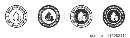 Low cholesterol icons. Round stickers with lettering. Vector illustration. Low cholesterol icons. Round stickers with lettering. Vector illustration. 116082312