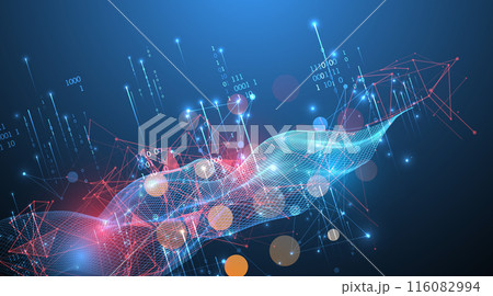 Big Data. Abstract digital futuristic wireframe vector illustration on technology background. Data mining and management concept. Hand drawn art. 116082994