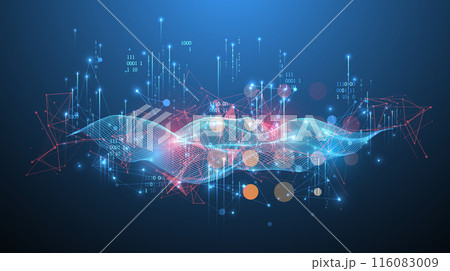 Big Data. Abstract digital futuristic wireframe vector illustration on technology background. Data mining and management concept. Hand drawn art. 116083009