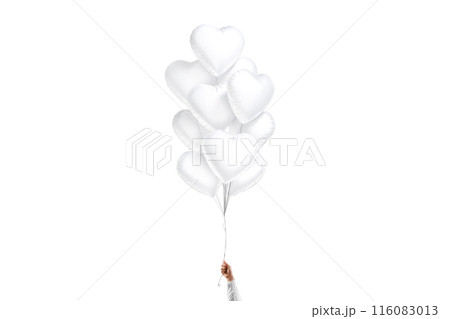 Hand holding blank white heart balloon bouquet mockup, isolated 116083013