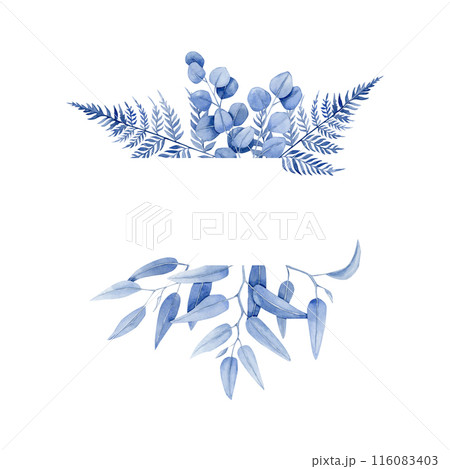 Frame of blue watercolor illustration with fern, silver dollar eucalyptus and smilax eucalyptus. 116083403