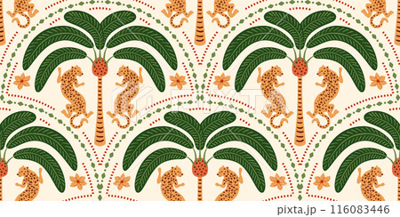 Tropical palm tree Asian leopard seamless pattern. Cute jungle damask ornament. Vector wild print for beach design Tropical palm tree Asian leopard seamless pattern. Cute jungle damask ornament. Vector wild print for beach design 116083446