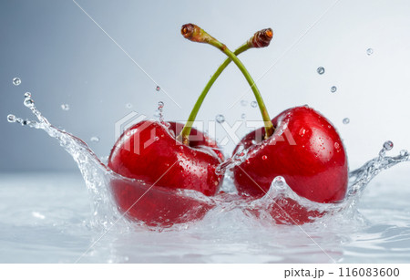 Fresh red cherries splashing in clear water, vibrant fruit photograph, dynamic motion freeze, bright white background, ripe sweet cherry pair with stems, refreshing summer produce image 116083600