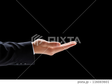 Businessman hand isolated on black background. showing hand gesture. image with empty space for design and montage overlay 116083601