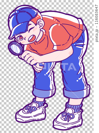 Boy investigating with a magnifying glass Boy investigating with a magnifying glass 116083647