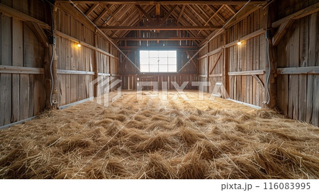 Old empty barn interior with with hay on the floor, sunlight shining through the window. 116083995