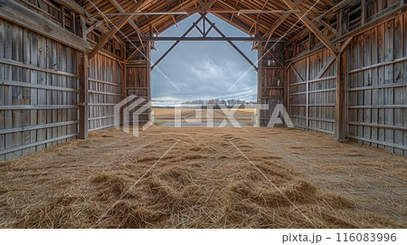 Old empty barn interior with with hay on the floor 116083996
