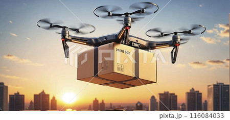 Conceptual presentation of an intelligent parcel drone that will deliver shipments by air in the future and speed up the logistics and transportation of mail items 116084033