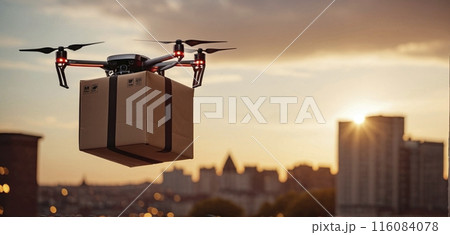 Conceptual presentation of an intelligent parcel drone that will deliver shipments by air in the future and speed up the logistics and transportation of mail items 116084078