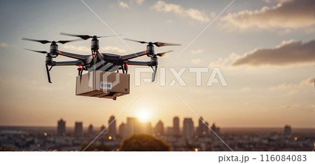 Conceptual presentation of an intelligent parcel drone that will deliver shipments by air in the future and speed up the logistics and transportation of mail items 116084083