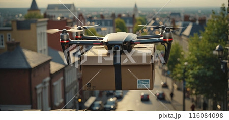 Conceptual presentation of an intelligent parcel drone that will deliver shipments by air in the future and speed up the logistics and transportation of mail items 116084098