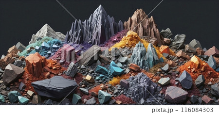 Pile of different rare mineral clays ground to powder, as well as bound and enclosed in various rocks for the technical industry 116084303