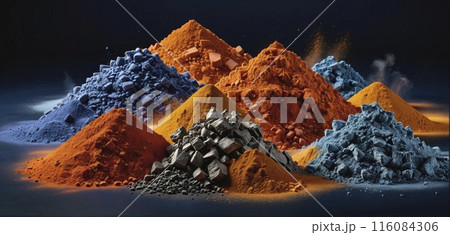 Pile of different rare mineral clays ground to powder, as well as bound and enclosed in various rocks for the technical industry 116084306