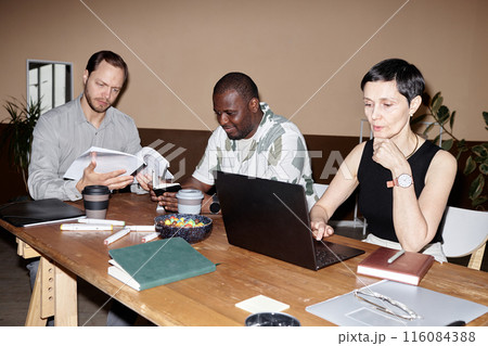 Minimal shot of business meeting with diverse group of people using computer and discussing project development in office shot with flash Minimal shot of business meeting with diverse group of people using computer and discussing project development in office shot with flash 116084388