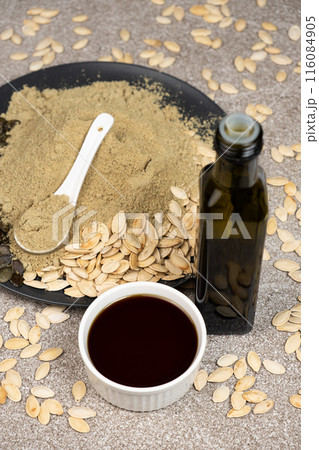 Pumpkin products - oil, flour and pumpkin seeds. 116084905