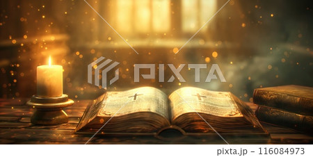 Bible. Ancient holy bible with a cross on the cover lying on a desk Bible. Ancient holy bible with a cross on the cover lying on a desk 116084973