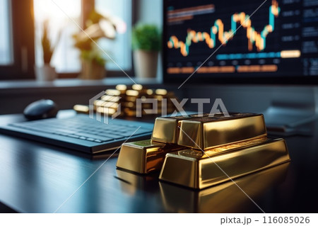 Investing in gold concept. Gold bars on a desk with charts showing gold trading trends on displays in the background Investing in gold concept. Gold bars on a desk with charts showing gold trading trends on displays in the background 116085026