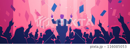 US presidential election candidate giving speech vibrant crowd silhouettes confetti pink blue background modern design 116085053
