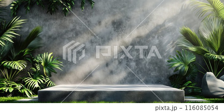 Natural rock pedestal with tropical palm leafs and concrete wall in the background. Stone podium mockup. Scene stage decoration for promotion sale or advertising of beauty and spa products and 116085054