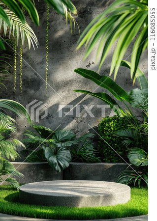 Natural rock pedestal with tropical palm leafs and concrete wall in the background. Stone podium mockup. Scene stage decoration for promotion sale or advertising of beauty and spa products and 116085055