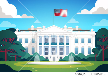 White House US presidential election American flag iconic building front view with garden trees blue sky clouds background 116085059