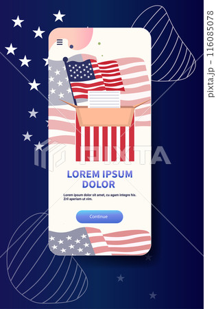 US presidential election mobile app screen featuring American flag ballot box and patriotic elements stars and stripes background US presidential election mobile app screen featuring American flag ballot box and patriotic elements stars and stripes background 116085078