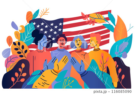 US presidential election celebration diverse group of people with American flag colorful foliage and raised hands in applause vibrant colors abstract design US presidential election celebration diverse group of people with American flag colorful foliage and raised hands in applause vibrant colors abstract design 116085090