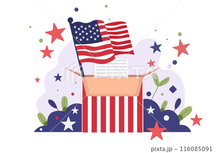 US presidential election voting box with American flag stars and plants colorful background US presidential election voting box with American flag stars and plants colorful background 116085091