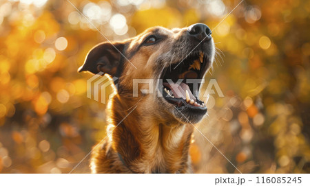 Aggressive dog shows dangerous teeth. Angry dog attack. 116085245