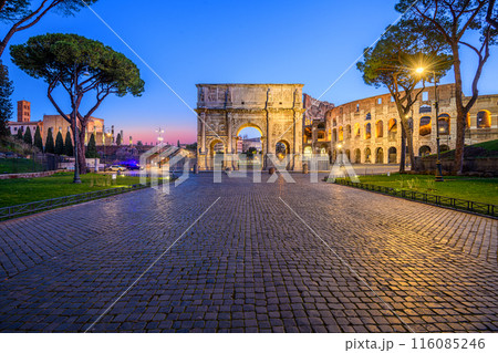 Rome, Italy at the Arch of Constantine and the Colosseum 116085246
