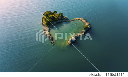 A desert island in the ocean. Top view of the island in the form of a heart. 116085412