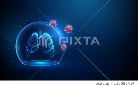 Abstract blue human lungs inside glass dome and red viruses outside Neon sphere shield Healthcare protection medical concept Futuristic low poly style Geometric background Technology wireframe Vector 116085414