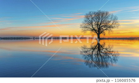 Picturesque view of leafless lonely tree growing and reflecting in tranquil lake at sunset time. Picturesque view of leafless lonely tree growing and reflecting in tranquil lake at sunset time. 116085576