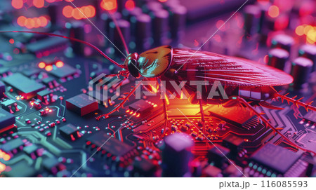Close up of a cockroach on a computer motherboard. 116085593