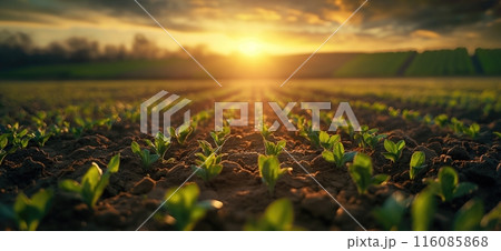 Sprouts in the spring field. Agriculture banner. Sprouting seeds from a low angle view. Germination concept Sprouts in the spring field. Agriculture banner. Sprouting seeds from a low angle view. Germination concept 116085868