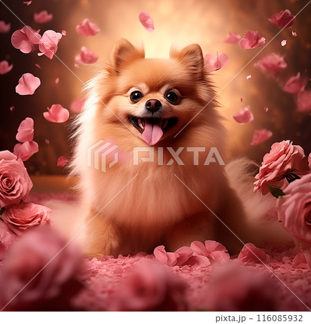 Funny Pomeranian dog in petals of Rose flowers close-up, cute pet concept, realistic illustration 116085932