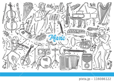 Musical instruments for performing orchestral music with classical compositions. Hand drawn doodle 116086122