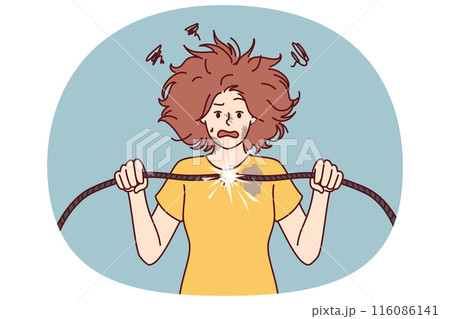 Woman with damaged electrical wire suffers from electric shock and power failure 116086141