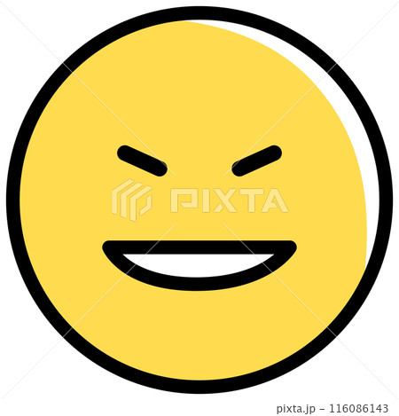 つり目で少し笑っている、黄色い顔の絵文字のイラスト素材 [116086143