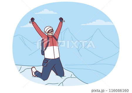 Inspired traveler man stands on mountaintop rejoicing at successful climbing Everest peak 116086160