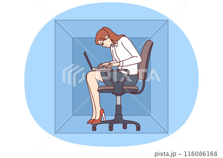 Woman with laptop sits in cardboard box typing article working in cramped office of small company 116086168