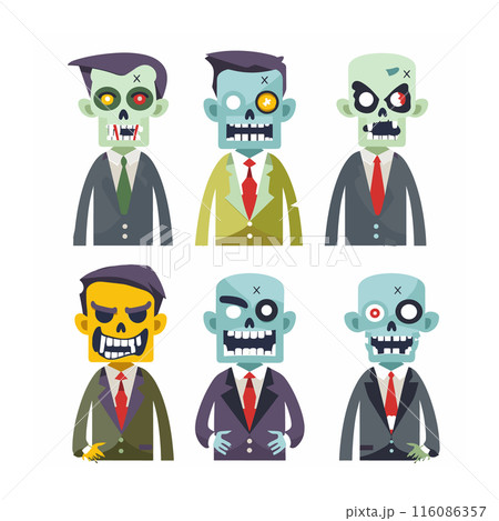 Six cartoon zombies wearing business suits flat design style. Colorful zombified businessmen various poses distinct facial expressions. Fun zombie characters ideal Halloweenthemed design 116086357