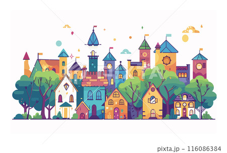 Colorful fantasy cityscape illustration vibrant hues flat design. Various whimsical buildings trees clouds cartoon style isolated white background. Storybook town magical vibrant architecture 116086384